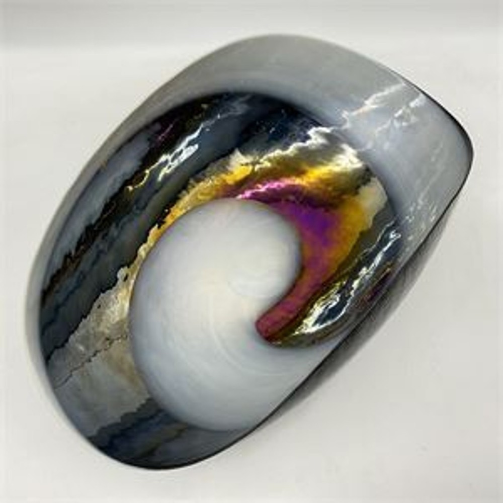 Murano Italy Art Glass Bowl Iridescent Swirl Centerpiece Blue Black Gold Wave